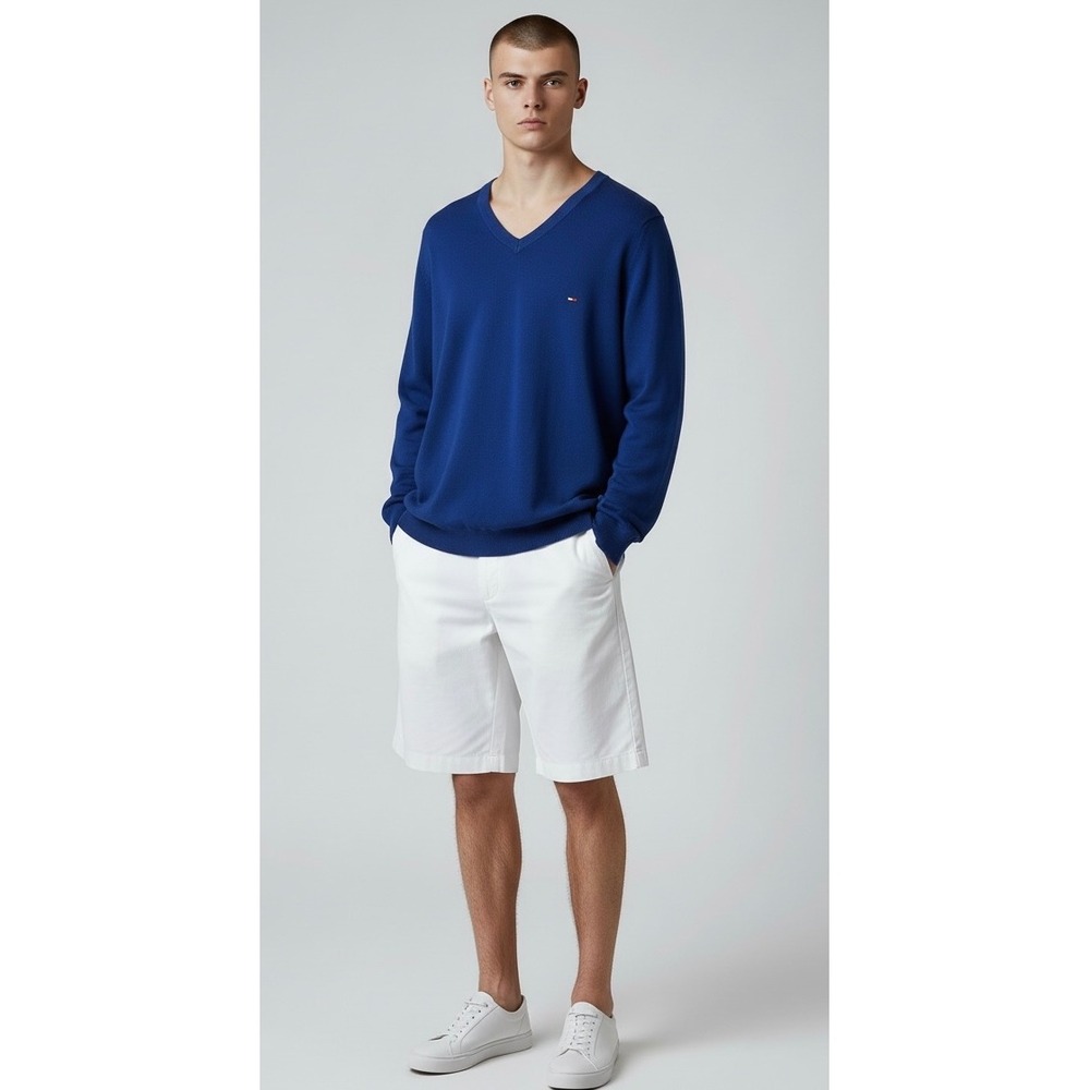 Tommy Hilfiger Mens XL Blue V-Neck Premium Cotton Knit Sweater Core Logo